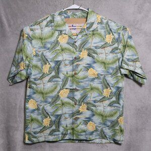 Tommy Bahama Shirt Mens Large Blue Green Silk Beach Floral Hawaiian Button Up